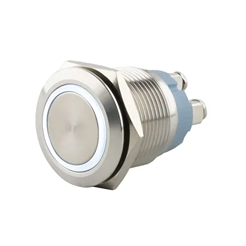 SeKi Edelstahl Drucktaster Ø19mm tastend flacher Kopfform farbig beleuchtetem LED Ring in weiss Schraubanschluss; Klingeltaster