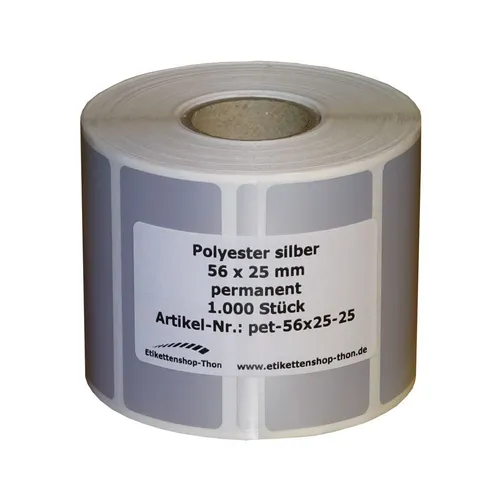 Typenschilder / Polyester Etiketten silber 56 x 25 mm - 1000 Stück - Hülse 25 mm