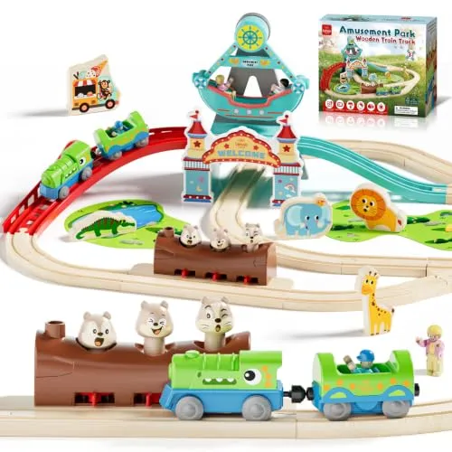 Lehoo Castle Holzeisenbahn Set mit Elektrischer Dinosaurier-Lok