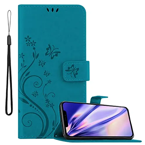 Cadorabo Hülle kompatibel mit Apple iPhone 13 Blumen Design aus Premium Kunst Leder Flip Klappbare Stoßfeste Magnetische [Standfunktion] [Kartenfächern] Cover Hülle für iPhone 13 Tasche in Blau