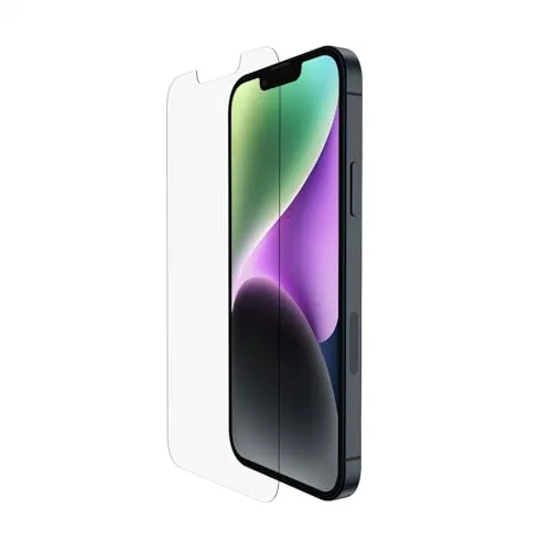 Belkin TemperedGlass iPhone 14, 13, 13 Pro Displayschutz, antimikrobielle Beschichtung, einfache blasenfreie Aufbringung mit enthaltener Positionierungsschale, in Tests nachgewiesener Härtegrad von 9H