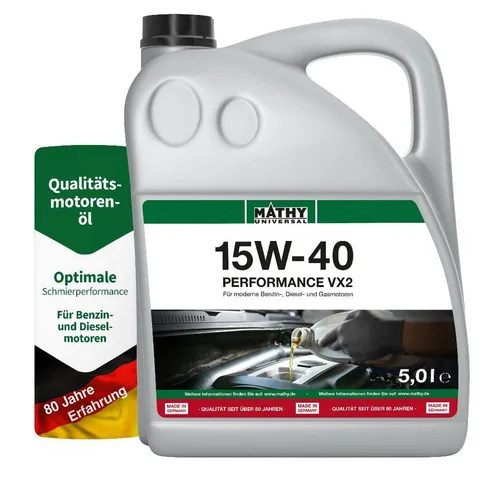 MATHY Motoröl 15W-40 Performance VX2 (5,0 l) - Universelles Motoröl für alle Motorarten - Hochwertiges 5L Motoröl für Benzin- und Dieselmotoren. Ideal für ganzjährigen Einsatz und sichert eine optimale Leistung. Perfekt für PKW, Motorräder und Nutzfahrzeuge.