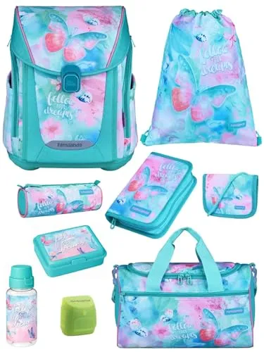 Familando Schulranzen-Set 9-teilig PREMIUM Schultasche BUTTERFLY