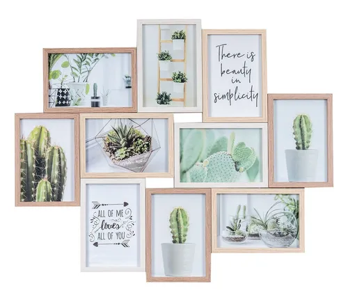 Levandeo® Bilderrahmen Collage 55x47cm - Bilderrahmen Collage aus MDF Holz in Eiche Braun und Weiß, ideal für 10 Fotos im Format 10x15. Verspielt und modern – perfekter Blickfang für Ihr Zuhause!