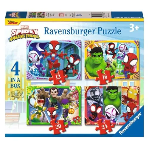 Ravensburger Marvel Spidey & His Amazing Friends Spiderman Puzzle für Kinder ab 3 Jahren – 4 Stück in Einer Box (12, 16, 20, 24 Teile)