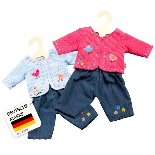 Heless 2504 - Bekleidungs-Set für Puppen, 2-teilig mit Strickjacke und Jeans, in den Farbvarianten Blau oder Pink, 1 von 2 Designs (zufällige Auswahl), Größe 35 - 45 cm