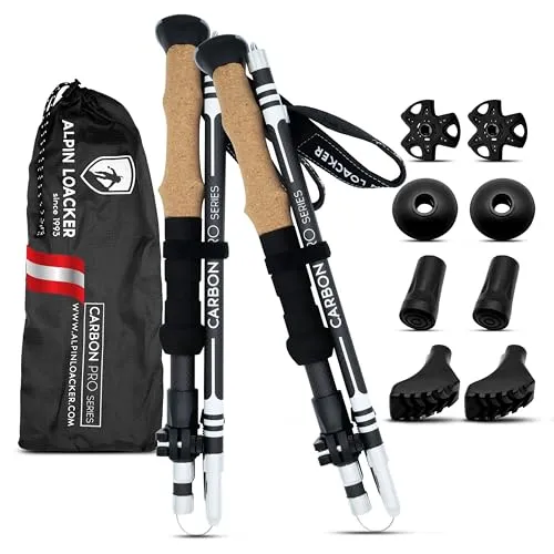 ALPIN LOACKER Faltbare Carbon Wanderstöcke mit Korkgriff - Wanderstöcke aus bruchsicherem Carbon, ultraleicht mit nur 230g. Ideal für Bergsport, individuell verstellbar von 100-120 cm und inklusive Zubehör für optimale Stabilität.