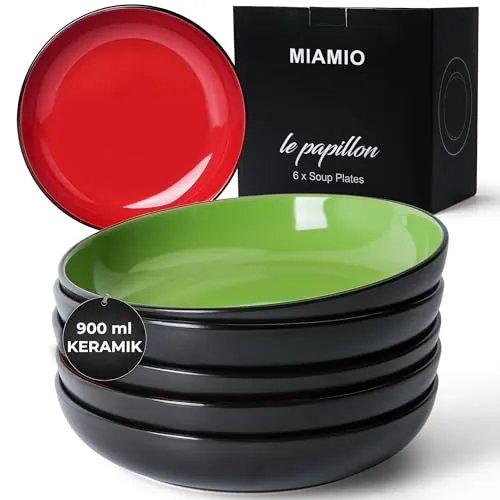 MiaMio Suppenteller 6er Set Bunt - 900 ml Pasta Teller - Buntes Suppenteller-Set mit 6 tiefen Tellern, ideal für Pasta und Suppen, bringt Farbe auf jeden Tisch!