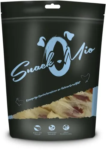 SnackOMio – Premium Hundesnack – knusprige Kaninchenohren an Hühnerbrustfilet, getreidefrei, 1er Pack (1 x 70g)
