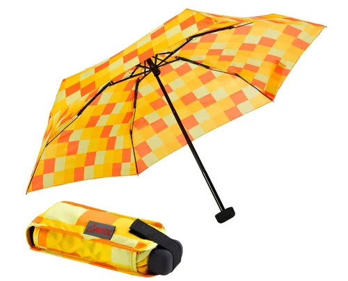EuroSCHIRM® Taschenregenschirm Dainty, Karo gelb orange - Taschenschirm, besonders leicht und super flach, ideal für unterwegs und schützt zuverlässig bei unerwartetem Regen.