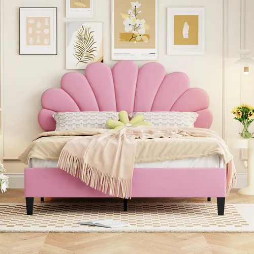 STILVORA Polsterbett 140x200 Kinderbett aus Samtstoff,Bettgestell mit Kopfteil in Blumenform,Jugendbett mit Lattenrost,ohne Matratze,Rosa