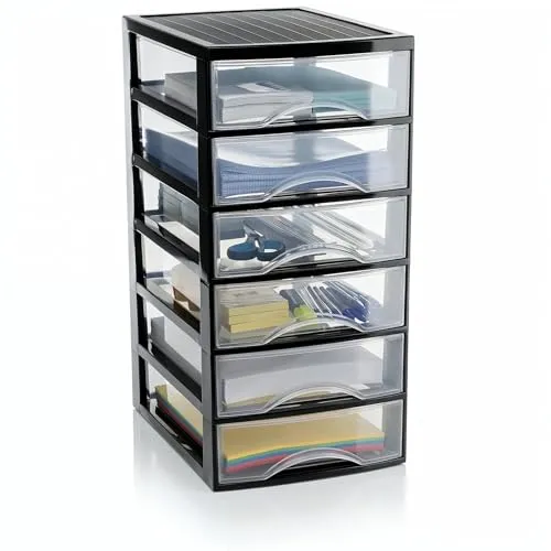 Hausfelder Schubladenbox A4 mit 6 Schubladen, Transparente Kunststoff Schubladenbox für Schreibtisch, Büro Organizer Schubladen, Aufbewahrungsbox mit Schubladen, Din A4, Stapelbar, 36,5x26x54cm