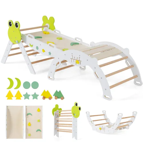 COSTWAY Klettergerüst Indoor 3er Set mit Rutsche und Rampen - Vielseitiges Klettergerüst für Kinder ab 1 Jahr: 7-in-1 Spielmöglichkeiten, klappbar für platzsparende Aufbewahrung und mit stabiler Buchenholzkonstruktion für sicheres Spielen.