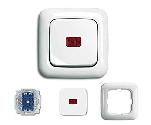 Busch-Jaeger Komplettset Lichtschalter mit roter Kalotte - Elektrotechnik Lichtschalter, einbaufertiges Set mit permanent beleuchtetem Tastschalter und eleganter alpinweißer Wippe für optimale Sicht im Dunkeln.