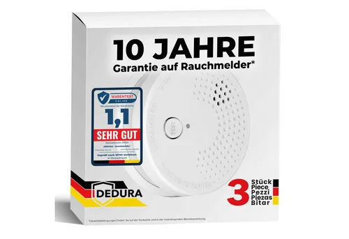 dedura Rauchmelder - 10 Jahre Garantie, BSI Zertifiziert - Rauchmelder für Innenräume mit 85 dB Alarm, 10 Jahre Garantie und BSI Zertifizierung nach DIN EN14604. Sicherer Schutz durch optischen Alarmsensor und einfache Deckenmontage.