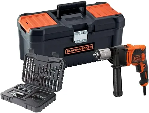 BLACK+DECKER 850W Bohrhammer mit 32 Zubehörteilen, variabler Drehzahl, schlüsselloses Bohrfutter, Schlagfunktion, BEH850KA32-QS