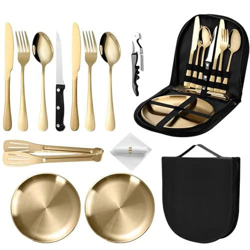 TFSZE Camping Geschirr set 2 personen13-teilig, Tragbar Verdickt Edelstahl Outdoor-Geschirr für Camping,Picknick(Gold)