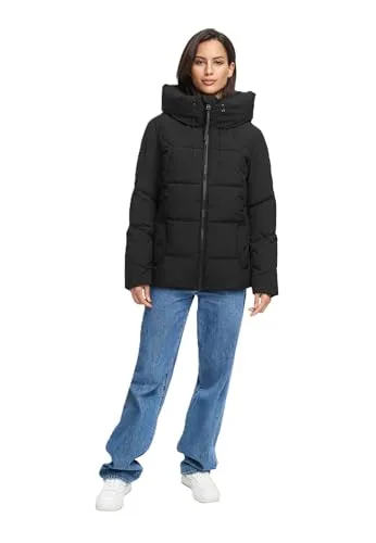MARIKOO Damen Winterjacke N077 - Kapuze, gefüttert, Rippbündchen - Schwarz - Kuschelige Winterjacke mit wärmendem Fleece-Innenfutter und gefütterter Kapuze. Elastische Rippbündchen sorgen für optimalen Sitz. Praktische Taschen und modisches Design in Größe XS bis XXL.