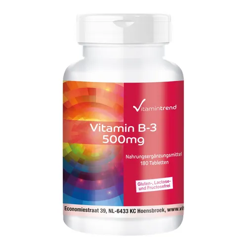 Vitamin B3 500 mg - 180 Kapseln für 1/2 Jahr - hochdosiert, vegan - Vitamintrend