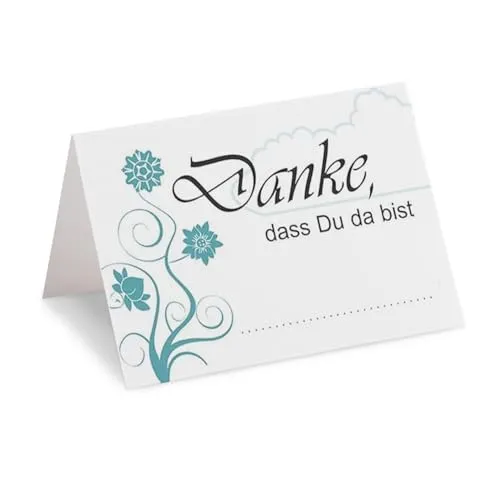 detailverliebt 40 Tischkarten I dv_073 I DIN A7 I Platz-Karten Namens-Kärtchen Sitzplatz-Karten türkis Aufsteller quer zum Beschriften für Geburtstag Hochzeit Taufe