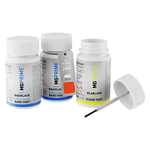 Produktbild MG PRIME Autolack Lackstift Set für Mercedes 2959/959 Orange/Amg Magmabeam Grundlack Basislack Klarlack je 50ml