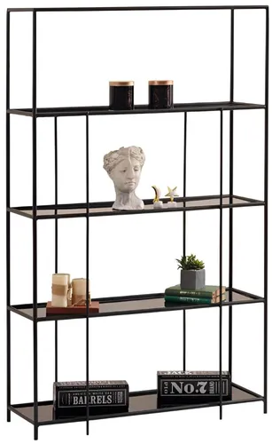 Modernes Bücherregal mit schwarzem Metallrahmen - Stylisches 4-fach Bücherregal mit eleganten Glasböden. Perfekt für Ihr Wohnzimmer, bietet es nicht nur Stauraum, sondern setzt auch stilvolle Akzente.