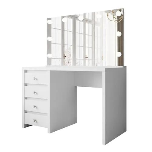 lukmebel Schminktisch mit Spiegel und Beleuchtung - Glamour Elite - Schminktisch mit 4 geräumigen Schubladen und großem beleuchtetem Spiegel, ideal für Kosmetik und Pflege. Robuste Struktur und vielseitig einsetzbar als Arbeits- oder Studiertisch.
