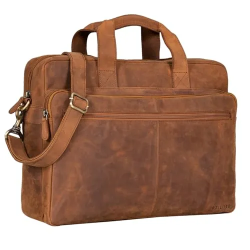 STILORD 'Thompson' Vintage Ledertasche - Aktentasche aus echtem Leder, stilvoll und praktisch mit Trolley-Aufsatz, ideal für Geschäftsreisen und 15-17 Zoll Laptops.