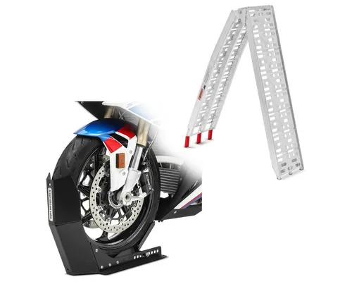 ConStands Motorradheber Set mit Auffahrrampe und Transportständer S3 - Praktisches Set: Klappbare Auffahrrampe bis 340 kg aus Aluminium für sicheres Verladen und stabiler Transportständer für Motorräder bis 21 Zoll. Ideal für Garage und unterwegs.