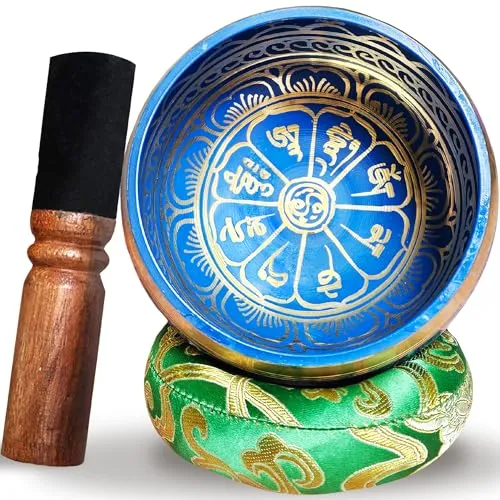 VIBRATIS Tibetische Klangschale – Handgefertigt in Nepal – Halschakra Klangschale mit Kissen & Holzschlegel – Meditation & Entspannung