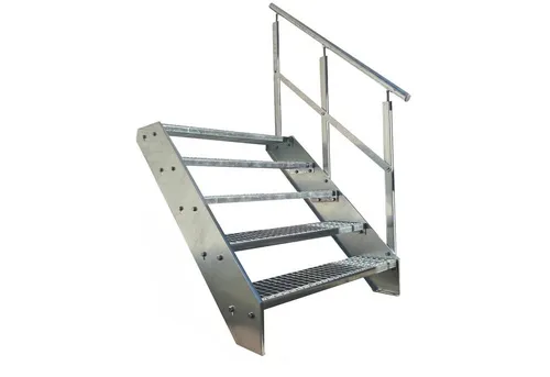 Kaminbau Mierzwa Außentreppe Premium Treppe Verzinkt mit und ohne Geländer, für Geschosshöhen bis 95.00 cm, Stufen Gitterroststufen nach DIN 24531, (Höhe 95 cm, Stufenbreite und Geländerart wählbar), Gartentreppe Stahltreppe Wetterfest Rostfrei Feuer-Verzinkt Rutschfest