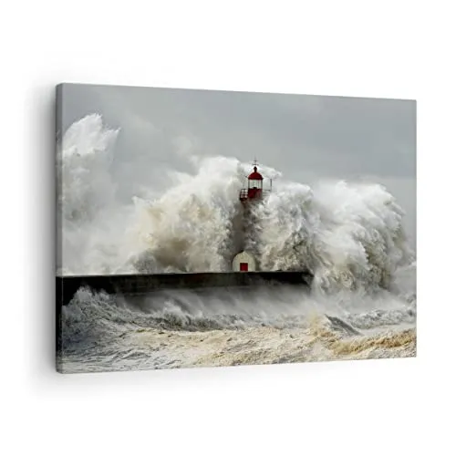 ARTTOR Bilder auf Leinwand Leuchtturm Ozean Sturm Leinwandbild 70x50cm Wandbilder Dekoration Wohnzimmer Schlafzimmer Küche Deko Klein Wanddeko Bild Wand Kunstdruck Art Wall Decor Canvas AA70x50-2442