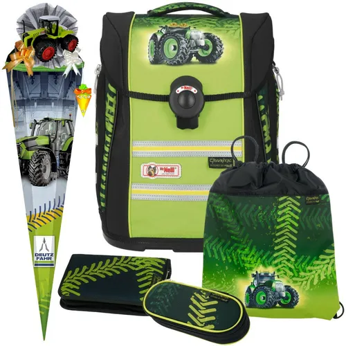 GREENTRAC Traktor-McNeill ERGO PRIMERO McLight Ranzen-Set 5tlg. - Ranzen-Set für Jungen mit ergonomischem Design, gepolstertem Rücken und Brustgurt, ideal für Schule und Freizeit. Farbe: Grün, Traktor-Design.