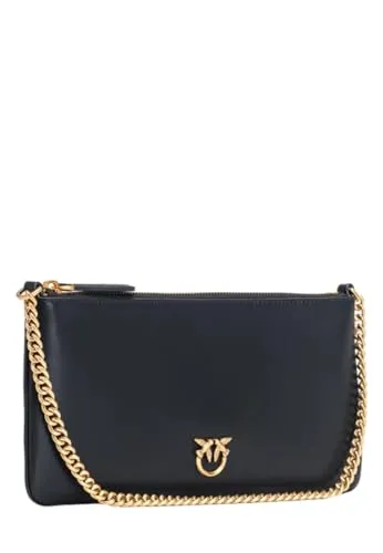 Pinko Damen Horizontal Flat Kalbsleder Seide Tasche, Z99q_schwarz-Antique Gold