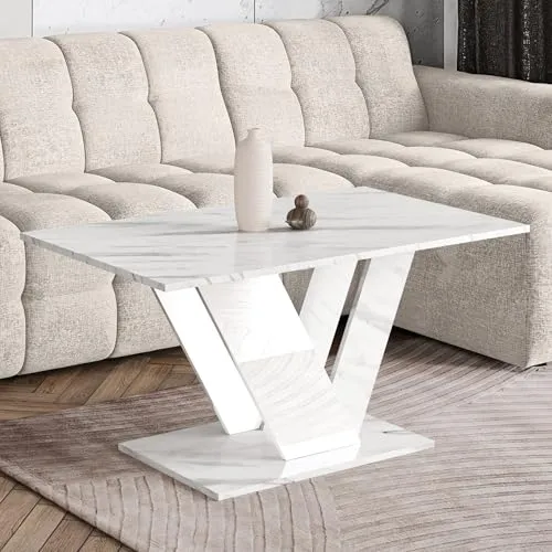 Home Collective Couchtisch Beistelltisch | Moderner Wohnzimmertisch in Marmor-Optik - Moderner Couchtisch mit markantem V-Gestell und stabiler Bodenplatte. Ideal für Wohnzimmer, pflegeleichte Oberfläche und großzügige Ablagefläche für Getränke und Deko. Maße: 100 x 60 x 55 cm.