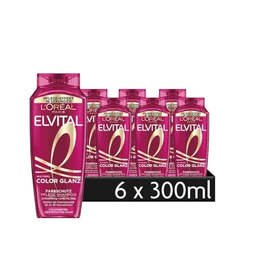 L'Oréal Paris Elvital Color Glanz Pflege Shampoo 6-tlg. - Shampoo für Farbglanz und Schutz, mit Vitamin Cg und UVB-Filter, bewahrt die Farbintensität bis zur nächsten Coloration.