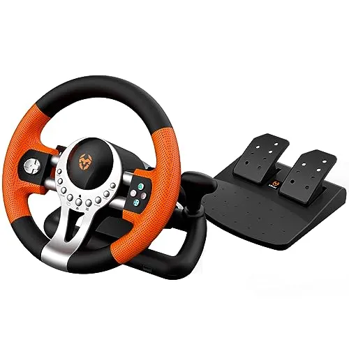 KROM K-Driver – Gaming-Lenkrad mit Pedalen und Vibration, kompatibel mit PC, PS3, PS4 und Xbox One, mit Schalthebel, Schaltwippen und 12 Tasten, USB-Anschluss für Rennspiele
