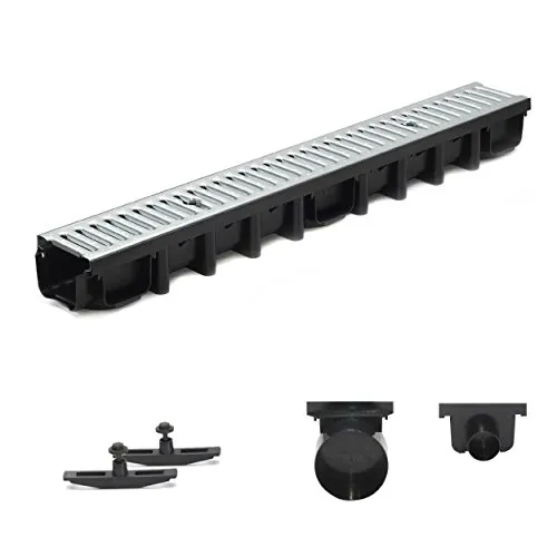 1m Entwässerungsrinne Terrassenrinne mit verzinktem Stahlrost - Komplett SET - Gartenentwässerung in Belastungsklasse A15, frostbeständig und mit Diebstahlschutz ausgestattet, ideal für sichere und flexible Anwendungen.