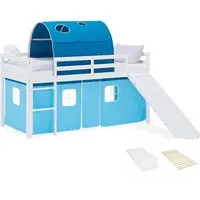Homestyle4u Hochbett in Weiß und Hellblau - Kinderzimmermöbel mit abnehmbarem Stoffvorhang, flexibler Montage von Leiter und Rutsche und inklusive Lattenrost und Matratze für ein sicheres und gemütliches Spielerlebnis.