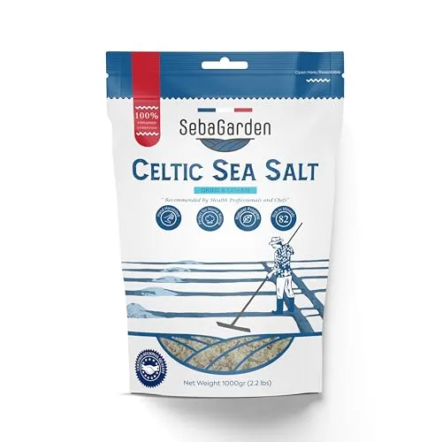 Seba Garden Keltisches Meersalz grau, 1 kg, Getrocknet & Grob, zertifizierter organischer wiederverschließbarer Beutel mit grauem Meersalz, handgeerntet, enthält über 82 essentielle Mineralien