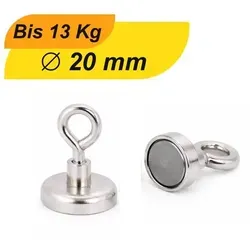 Neodym Topfmagnet mit Öse Ø20 mm – Haltekraft 13 kg - Der starke Neodym Topfmagnet mit Ringöse bietet eine hohe Haltekraft von ca. 13 kg und ist ideal für flexible Befestigungen in Werkstätten, Lagerräumen oder im Haushalt. Die vernickelte Oberfläche sorgt für Langlebigkeit.