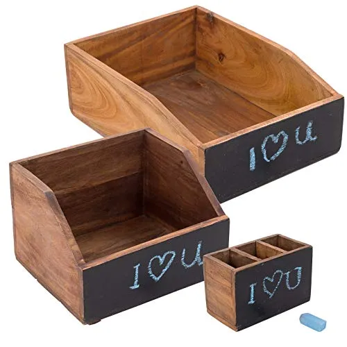 DESIGN DELIGHTS Schreibtisch Organizer Set Office | 3-teilig aus Mahagoni - Stiftköcher aus handgefertigtem Mahagoni-Holz, rustikales Design und beschreibbare Tafel für individuelle Notizen.