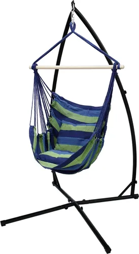 ECD Germany Hängesessel Blau/Grün mit Gestell 208 cm - Hängesessel für entspannende Momente, inklusive 2 bequemen Kissen und stabilen Metallgestell, ideal für Garten oder Balkon, belastbar bis 120 kg.