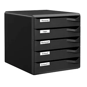 LEITZ Schubladenbox Post-Set schwarz 52930095 - Schubladenbox mit 5 herausnehmbaren Schubladen für DIN A4 Dokumente, stapelbar und mit Auszugssperre für mehr Sicherheit im Büro.