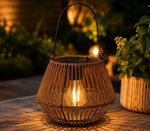 Solarlaterne Rattan Optik 20 cm mit Dämmerungssensor