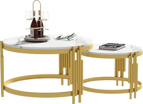 Moduliertes Couchtisch-Set mit goldenen Metallrahmen und Marmoroptik - Elegantes Couchtisch-Set mit zwei runden Tischen für flexible Nutzung. Der goldene Metallrahmen sorgt für Stabilität und die Marmoroptik verleiht jedem Raum einen Hauch von Luxus.