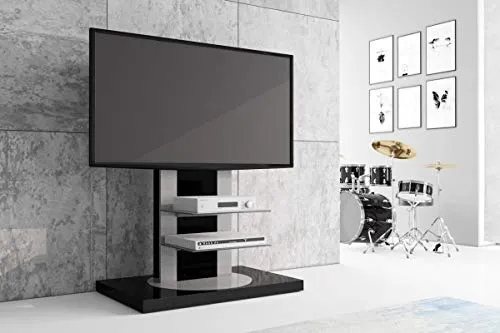 HU Fernsehtisch Roma H-777nw - Hochglanz Schwarz oder Weiß, 360° drehbar und ideal für TVs bis 65 Zoll mit verdeckter Kabelführung