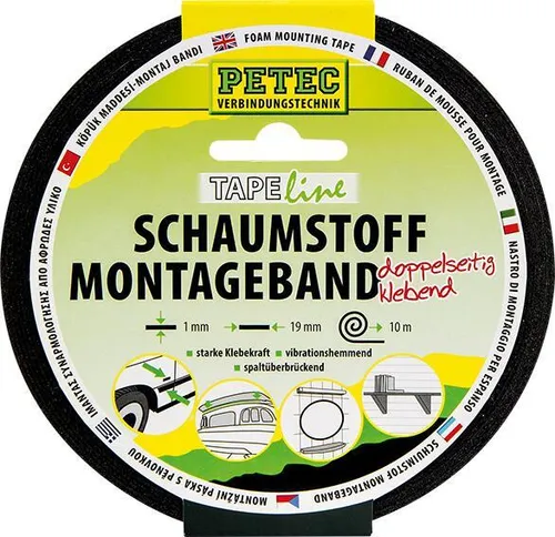 Petec Klebeband Schaumstoff-Montageband schwarz - doppelseitig klebend 87200 - Klebstoffe, ideal für starke Haftung auf verschiedenen Oberflächen, perfekt für kreative DIY-Projekte und Reparaturen.