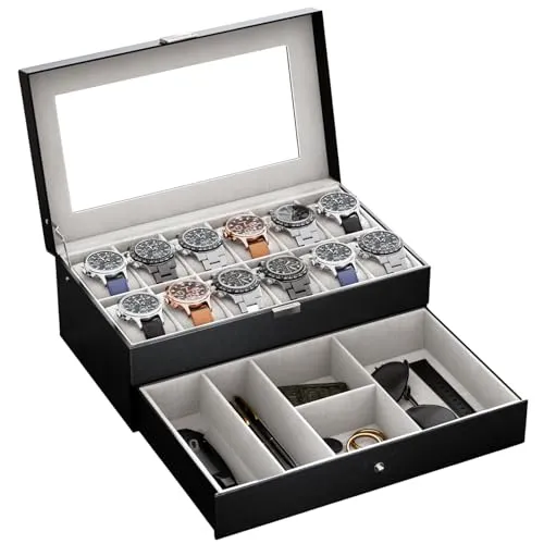 ProCase Uhrenbox mit 12 Fächern, Uhrenkasten mit Glasdeckel, 2 Ebenen, Uhrenkoffer mit herausnehmbaren Uhrenkissen Uhrenschatulle für Schmuck, Ringe, Armbänder und Halsketten -Schwarz