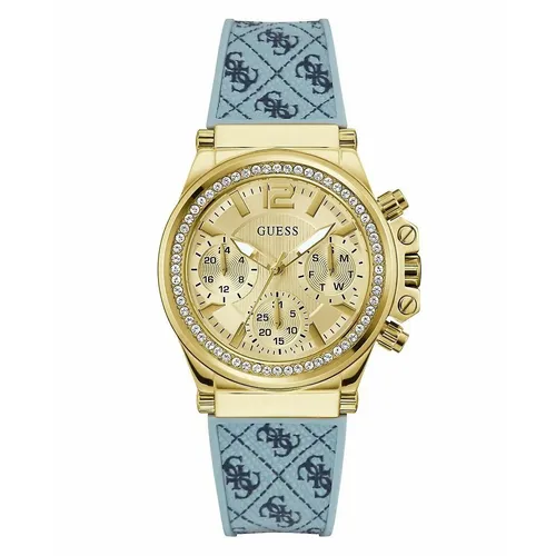 Guess GW0699L1 Damenuhr Charisma 38mm - Türkis/Goldfarben - Damenuhr mit elegantem goldfarbenem Zifferblatt und Kristallsteinen, 5 ATM wasserdicht, ideal für stilbewusste Frauen.